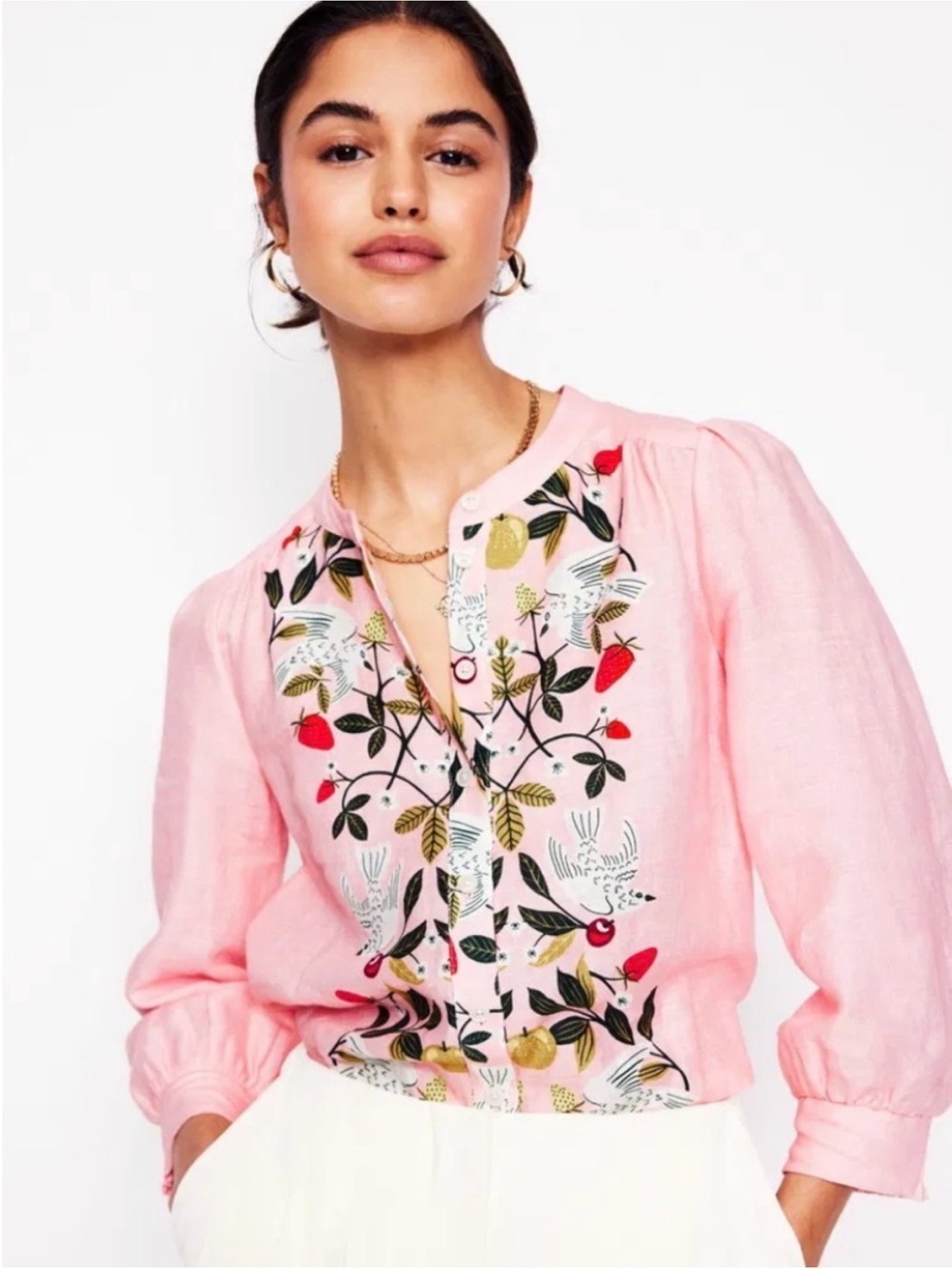 Boden Alicia Linen Top Pink Bird Strawberry Print | US 8